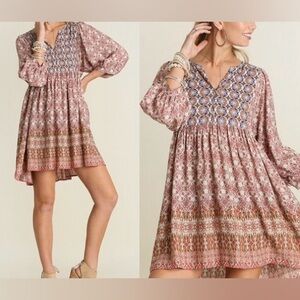 Umgee Woman’s Perfect Day Aztec Tunic Dress V Neck 3/4 Sleeve Floral, Sz M